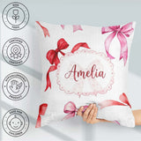 Custom Name Watercolor Red Pink Bows Light Grey Background Girly Square Filled Cushion Throw Pillow Sofa Bed Home Decor Zip Washable UK Made