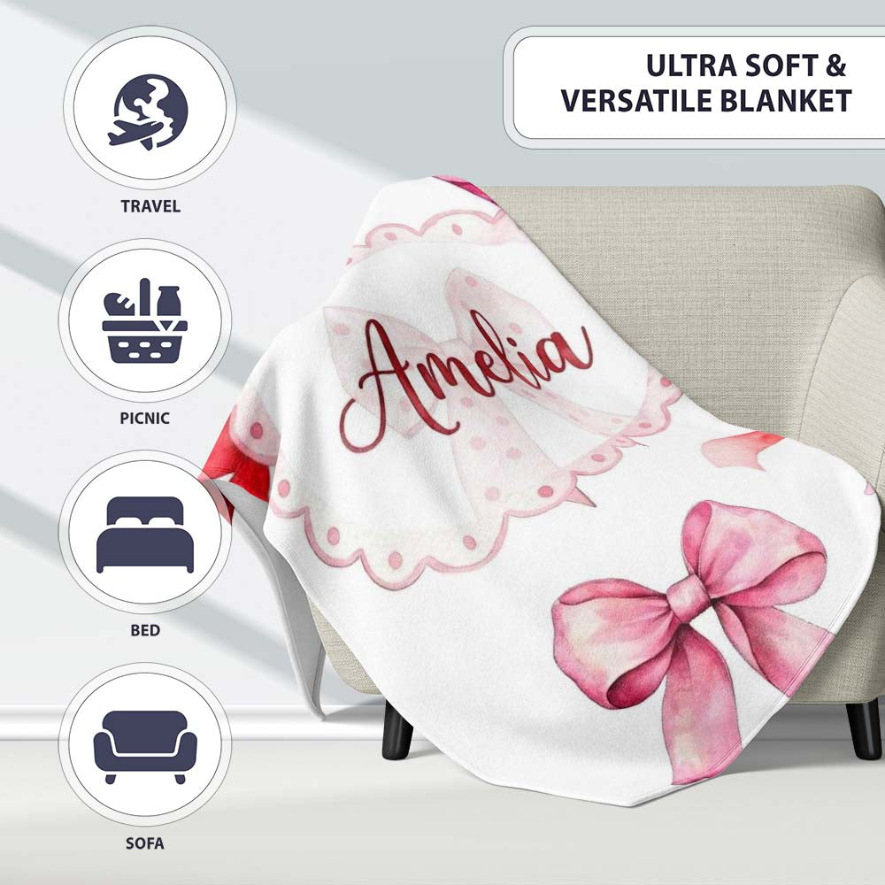 Watercolor Red Pink Ribbon Bows Light Grey Background Cute Girly  Personalised Custom Name Super Soft Fleece Blanket Bed Sofa Throw