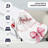 Watercolor Red Pink Ribbon Bows Light Grey Background Cute Girly  Personalised Custom Name Super Soft Fleece Blanket Bed Sofa Throw