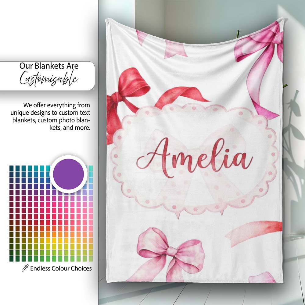 Watercolor Red Pink Ribbon Bows Light Grey Background Cute Girly  Personalised Custom Name Super Soft Fleece Blanket Bed Sofa Throw