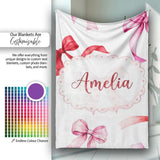 Watercolor Red Pink Ribbon Bows Light Grey Background Cute Girly  Personalised Custom Name Super Soft Fleece Blanket Bed Sofa Throw