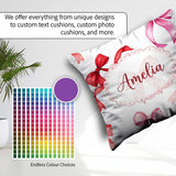 Custom Name Watercolor Red Pink Bows Light Grey Background Girly Square Filled Cushion Throw Pillow Sofa Bed Home Decor Zip Washable UK Made