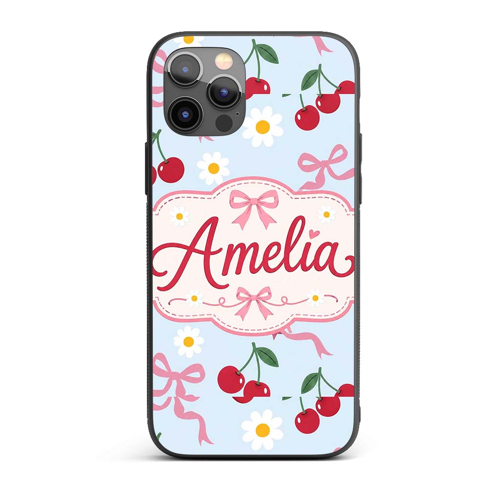 Cute Cherry and Daisy Flowers with Pink Ribbon Custom Name Protective Phone Case Mobile Cover Durable Everyday Smartphone Shock Resistant