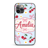 Cute Cherry and Daisy Flowers with Pink Ribbon Custom Name Protective Phone Case Mobile Cover Durable Everyday Smartphone Shock Resistant