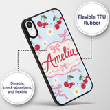 Cute Cherry and Daisy Flowers with Pink Ribbon Custom Name Protective Phone Case Mobile Cover Durable Everyday Smartphone Shock Resistant