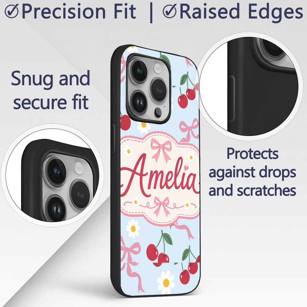 Cute Cherry and Daisy Flowers with Pink Ribbon Custom Name Protective Phone Case Mobile Cover Durable Everyday Smartphone Shock Resistant