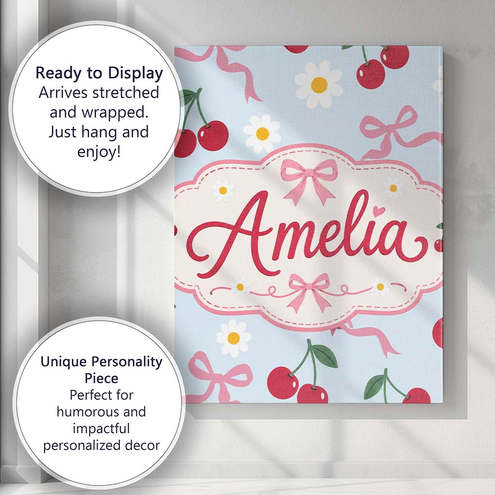 Personalised Name Cute Cherry and Daisy Custom  Modern Room Accent Elegant Feature Canvas Wall Art Print Decor Picture Ready to Hang