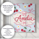 Personalised Name Cute Cherry and Daisy Custom  Modern Room Accent Elegant Feature Canvas Wall Art Print Decor Picture Ready to Hang