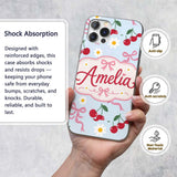 Cute Cherry and Daisy Flowers with Pink Ribbon Custom Name Protective Phone Case Mobile Cover Durable Everyday Smartphone Shock Resistant