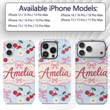 Cute Cherry and Daisy Flowers with Pink Ribbon Custom Name Protective Phone Case Mobile Cover Durable Everyday Smartphone Shock Resistant