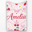 Cute Cherry and Daisy Flowers with Pink Ribbon Bows Soft Pink Lovely  Personalised Custom Name Super Soft Fleece Blanket Bed Sofa Throw