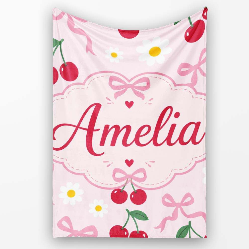 Cute Cherry and Daisy Flowers with Pink Ribbon Bows Soft Pink Lovely  Personalised Custom Name Super Soft Fleece Blanket Bed Sofa Throw