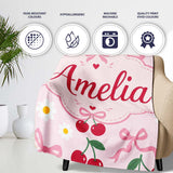 Cute Cherry and Daisy Flowers with Pink Ribbon Bows Soft Pink Lovely  Personalised Custom Name Super Soft Fleece Blanket Bed Sofa Throw