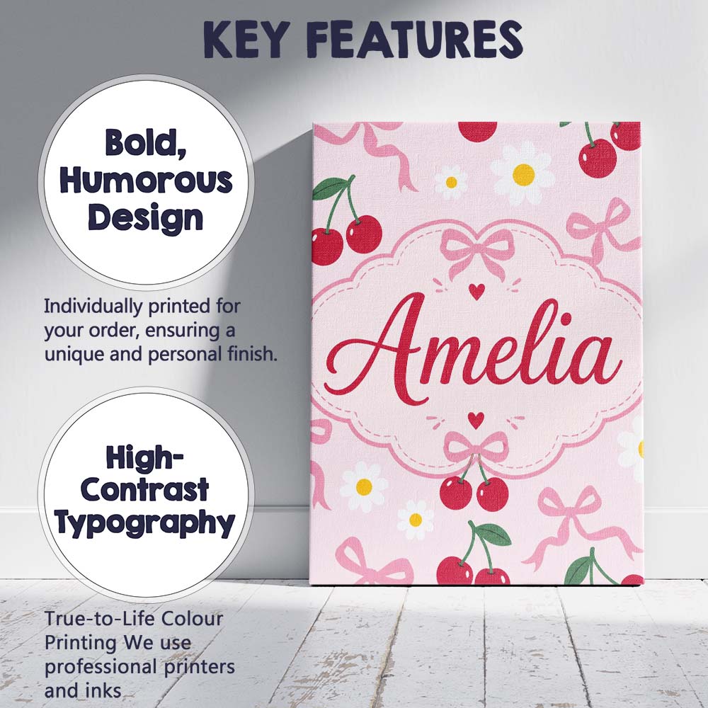 Personalised Name Cute Cherry and Daisy Custom  Modern Room Accent Elegant Feature Canvas Wall Art Print Decor Picture Ready to Hang