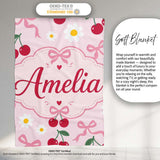 Cute Cherry and Daisy Flowers with Pink Ribbon Bows Soft Pink Lovely  Personalised Custom Name Super Soft Fleece Blanket Bed Sofa Throw