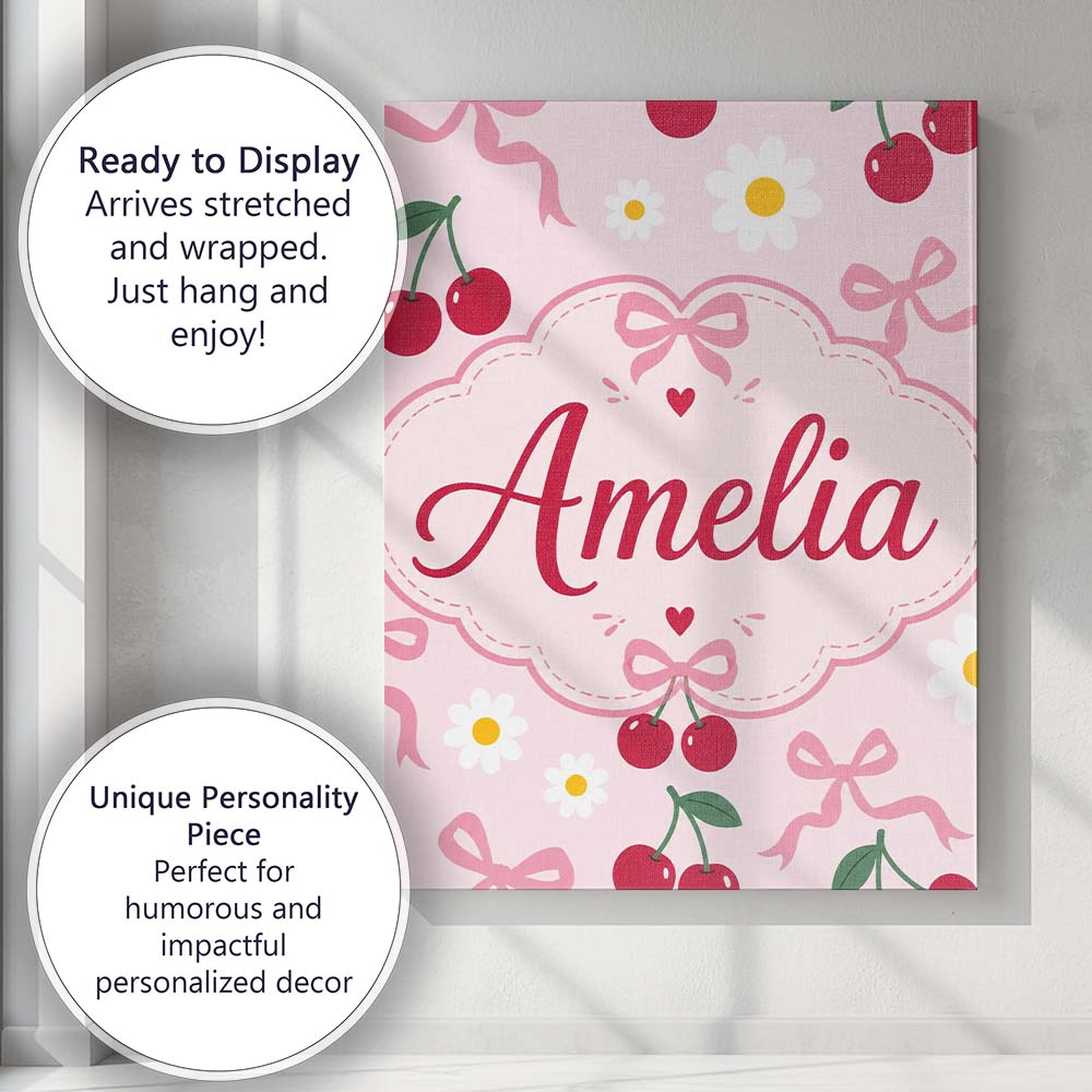 Personalised Name Cute Cherry and Daisy Custom  Modern Room Accent Elegant Feature Canvas Wall Art Print Decor Picture Ready to Hang