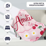 Cute Cherry and Daisy Flowers with Pink Ribbon Bows Soft Pink Lovely  Personalised Custom Name Super Soft Fleece Blanket Bed Sofa Throw