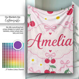 Cute Cherry and Daisy Flowers with Pink Ribbon Bows Soft Pink Lovely  Personalised Custom Name Super Soft Fleece Blanket Bed Sofa Throw
