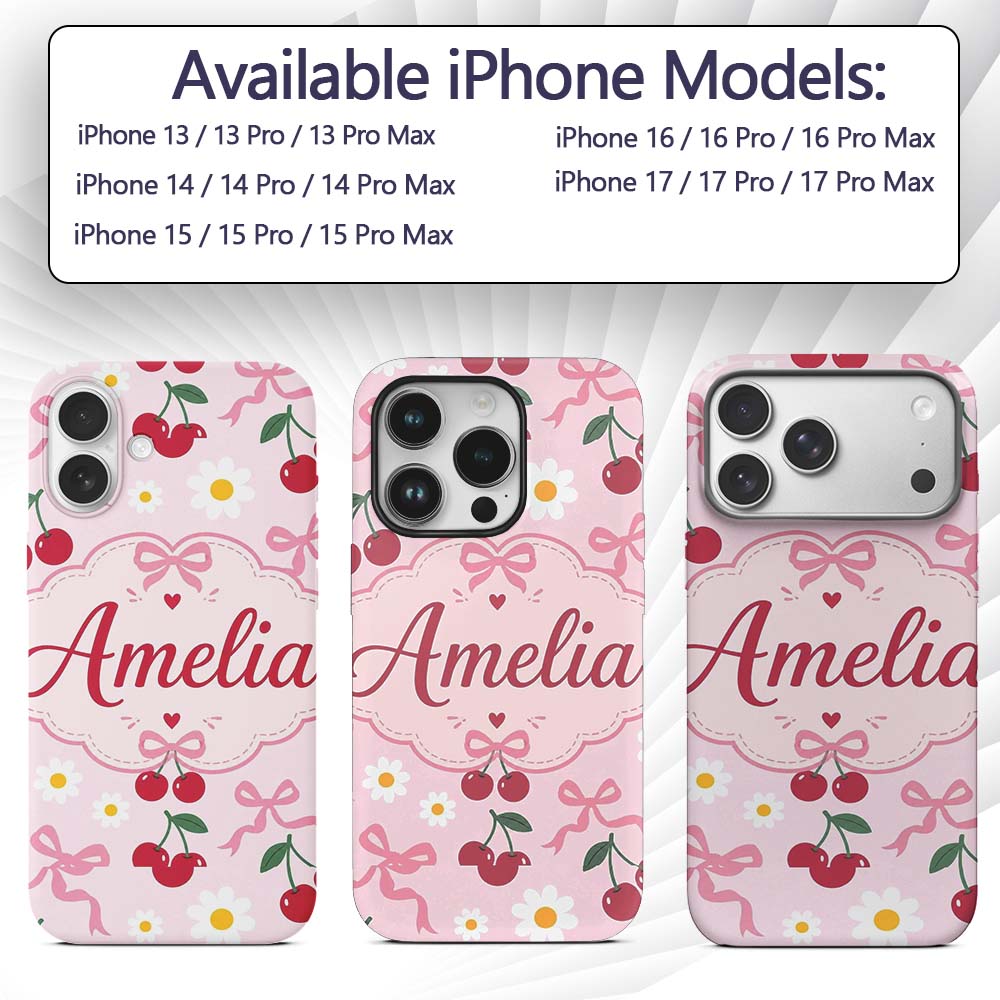 Cute Cherry and Daisy Flowers with Pink Ribbon Custom Name Protective Phone Case Mobile Cover Durable Everyday Smartphone Shock Resistant