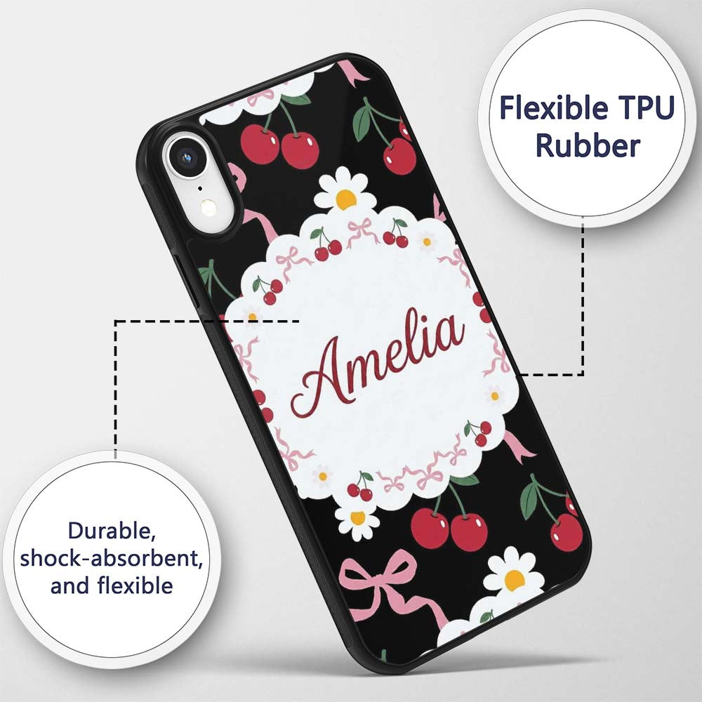 Cute Cherry and Daisy Flowers with Pink Ribbon Custom Name Protective Phone Case Mobile Cover Durable Everyday Smartphone Shock Resistant