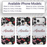 Cute Cherry and Daisy Flowers with Pink Ribbon Custom Name Protective Phone Case Mobile Cover Durable Everyday Smartphone Shock Resistant
