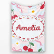 Cute Cherry and Daisy Flowers with Pink Ribbon Bows Blue Check  Personalised Custom Name Super Soft Fleece Blanket Bed Sofa Throw