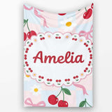 Cute Cherry and Daisy Flowers with Pink Ribbon Bows Blue Check  Personalised Custom Name Super Soft Fleece Blanket Bed Sofa Throw