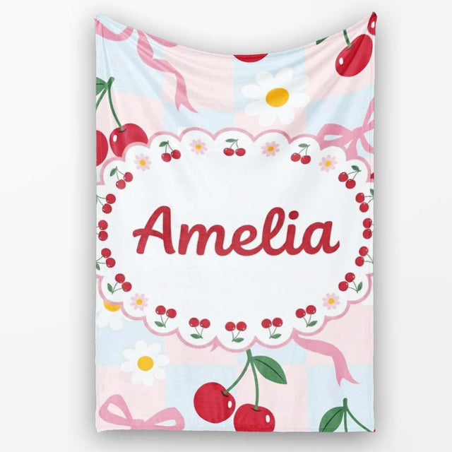 Cute Cherry and Daisy Flowers with Pink Ribbon Bows Blue Check  Personalised Custom Name Super Soft Fleece Blanket Bed Sofa Throw