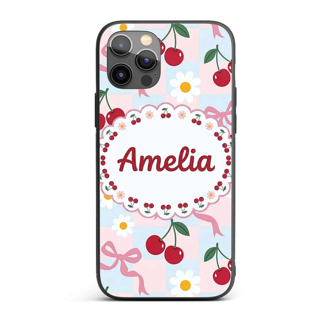 Cute Cherry and Daisy Flowers with Pink Ribbon Custom Name Protective Phone Case Mobile Cover Durable Everyday Smartphone Shock Resistant