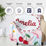 Cute Cherry and Daisy Flowers with Pink Ribbon Bows Blue Check  Personalised Custom Name Super Soft Fleece Blanket Bed Sofa Throw