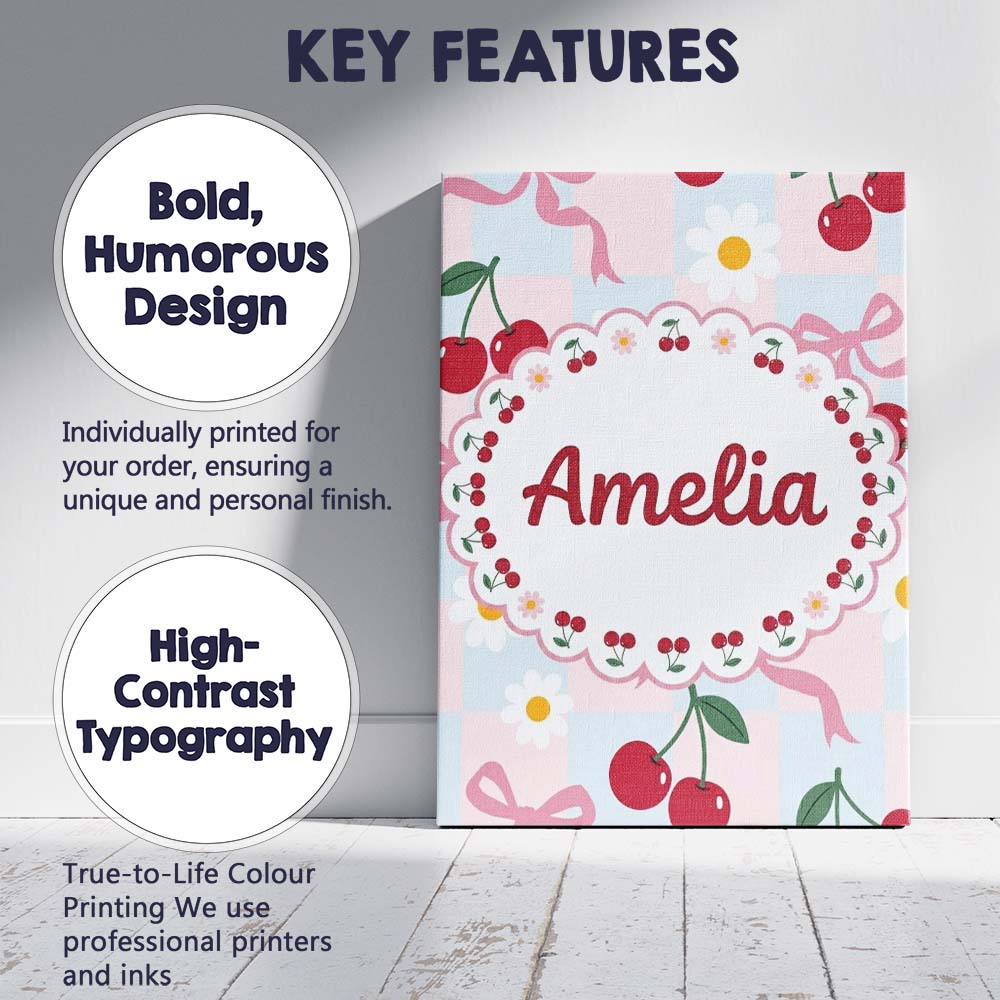 Personalised Name Cute Cherry and Daisy Custom  Modern Room Accent Elegant Feature Canvas Wall Art Print Decor Picture Ready to Hang
