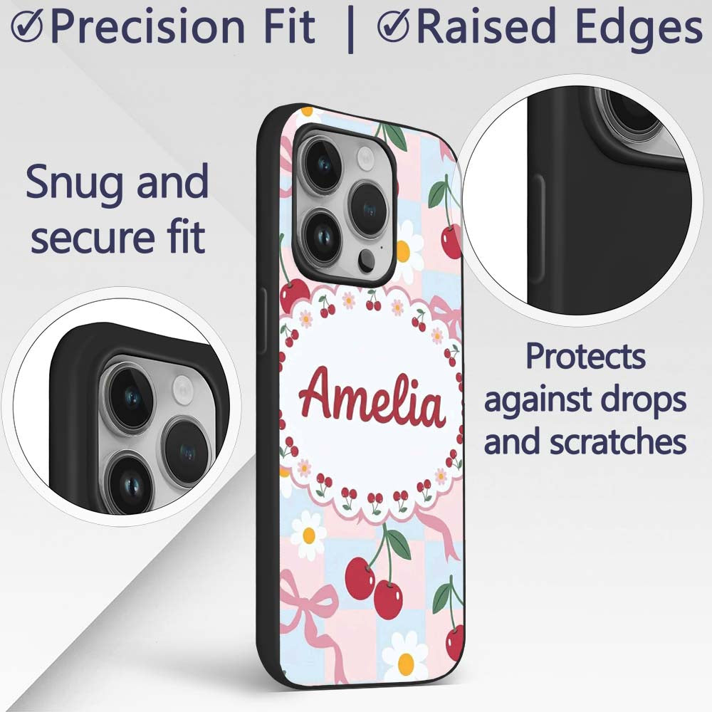 Cute Cherry and Daisy Flowers with Pink Ribbon Custom Name Protective Phone Case Mobile Cover Durable Everyday Smartphone Shock Resistant