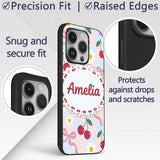 Cute Cherry and Daisy Flowers with Pink Ribbon Custom Name Protective Phone Case Mobile Cover Durable Everyday Smartphone Shock Resistant