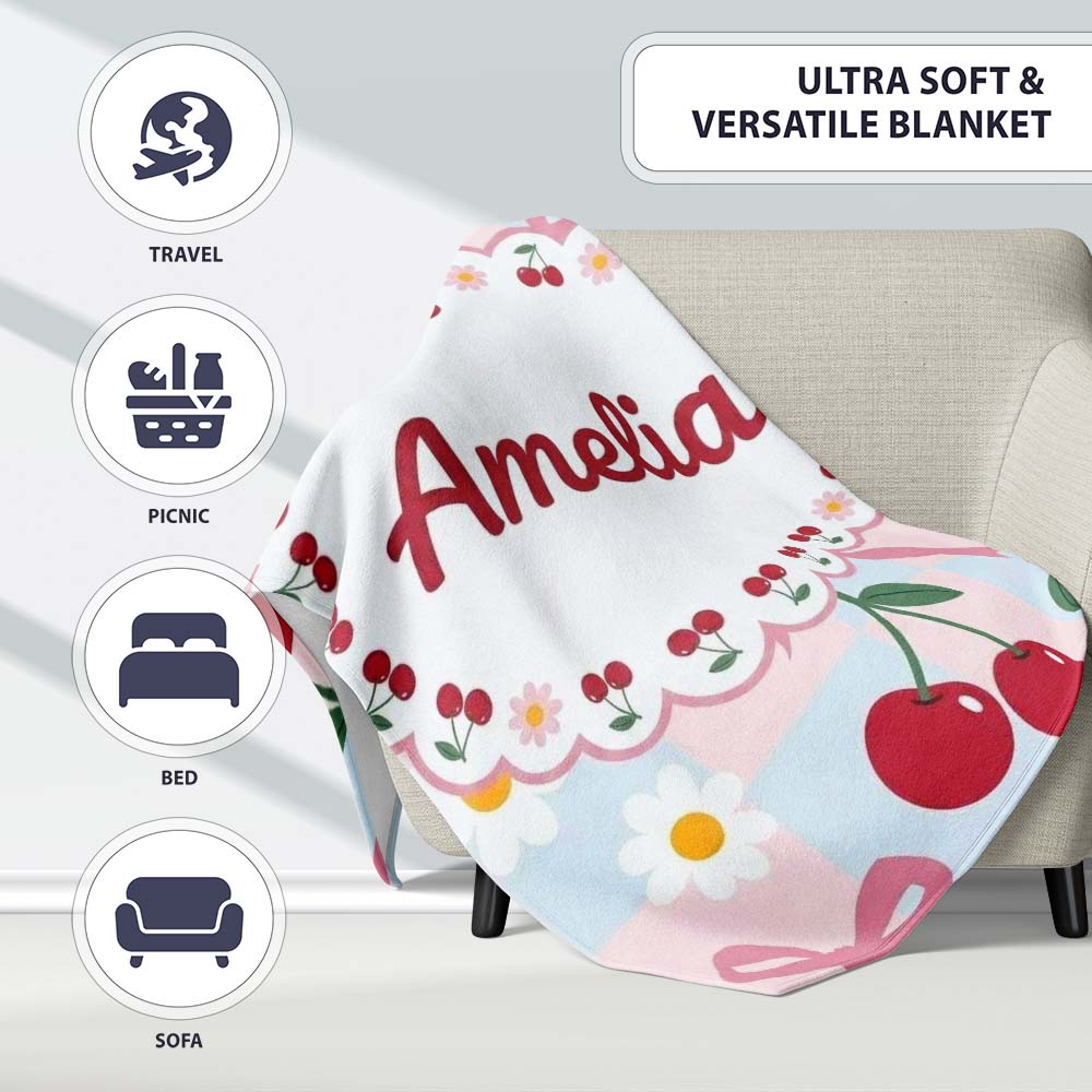 Cute Cherry and Daisy Flowers with Pink Ribbon Bows Blue Check  Personalised Custom Name Super Soft Fleece Blanket Bed Sofa Throw