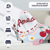Cute Cherry and Daisy Flowers with Pink Ribbon Bows Blue Check  Personalised Custom Name Super Soft Fleece Blanket Bed Sofa Throw
