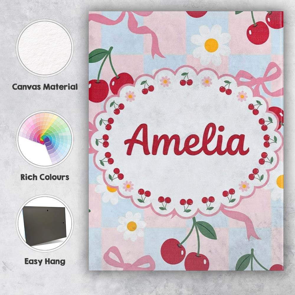 Personalised Name Cute Cherry and Daisy Custom  Modern Room Accent Elegant Feature Canvas Wall Art Print Decor Picture Ready to Hang