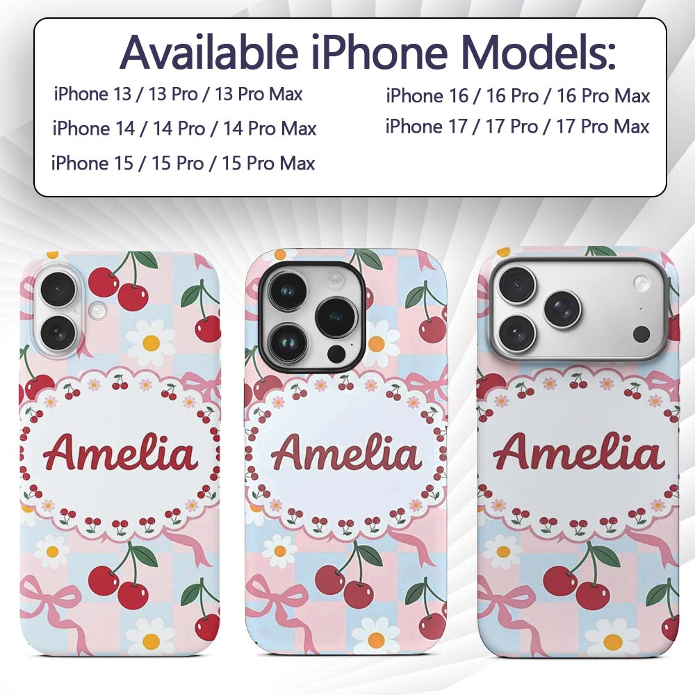 Cute Cherry and Daisy Flowers with Pink Ribbon Custom Name Protective Phone Case Mobile Cover Durable Everyday Smartphone Shock Resistant