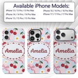 Cute Cherry and Daisy Flowers with Pink Ribbon Custom Name Protective Phone Case Mobile Cover Durable Everyday Smartphone Shock Resistant