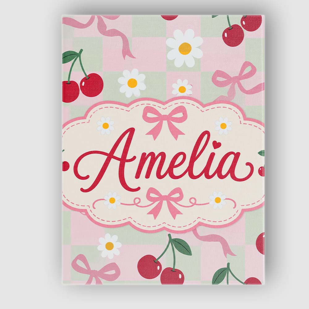 Personalised Name Cute Cherry and Daisy Custom  Modern Room Accent Elegant Feature Canvas Wall Art Print Decor Picture Ready to Hang