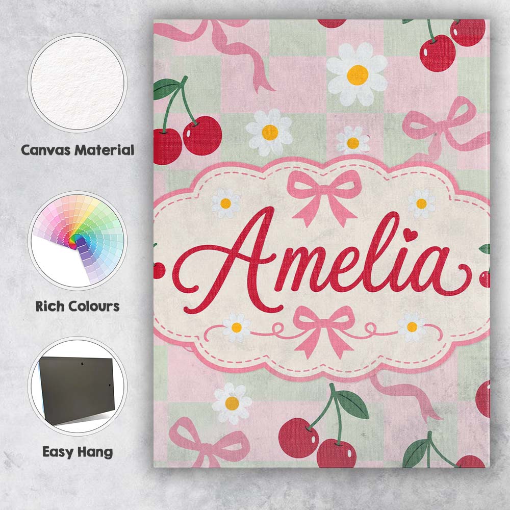 Personalised Name Cute Cherry and Daisy Custom  Modern Room Accent Elegant Feature Canvas Wall Art Print Decor Picture Ready to Hang