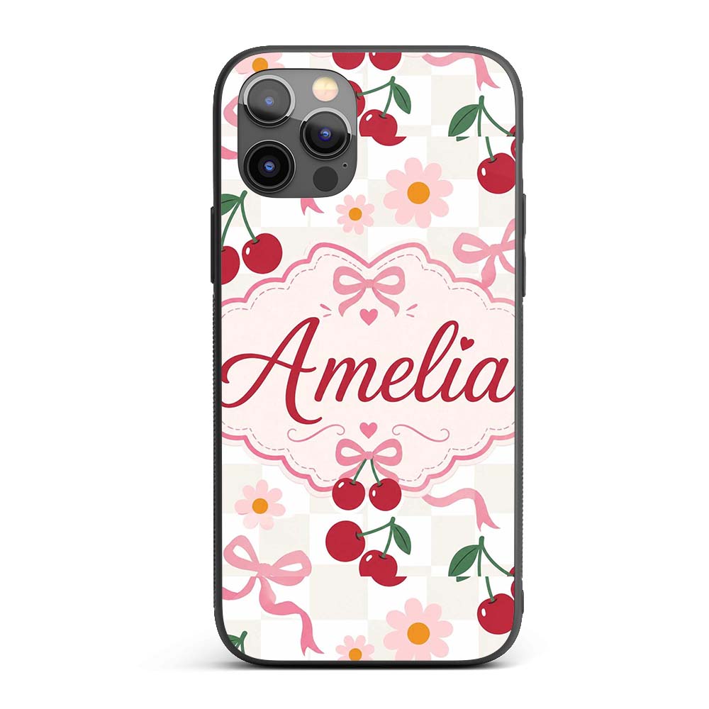 Cute Cherry and Daisy Flowers with Pink Ribbon Custom Name Protective Phone Case Mobile Cover Durable Everyday Smartphone Shock Resistant