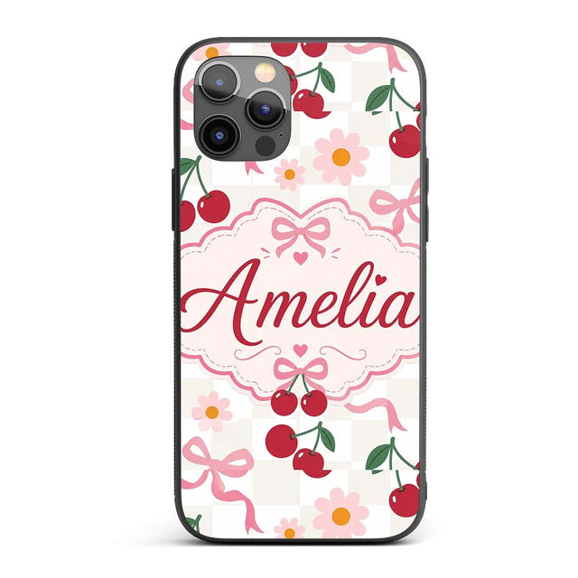Cute Cherry and Daisy Flowers with Pink Ribbon Custom Name Protective Phone Case Mobile Cover Durable Everyday Smartphone Shock Resistant