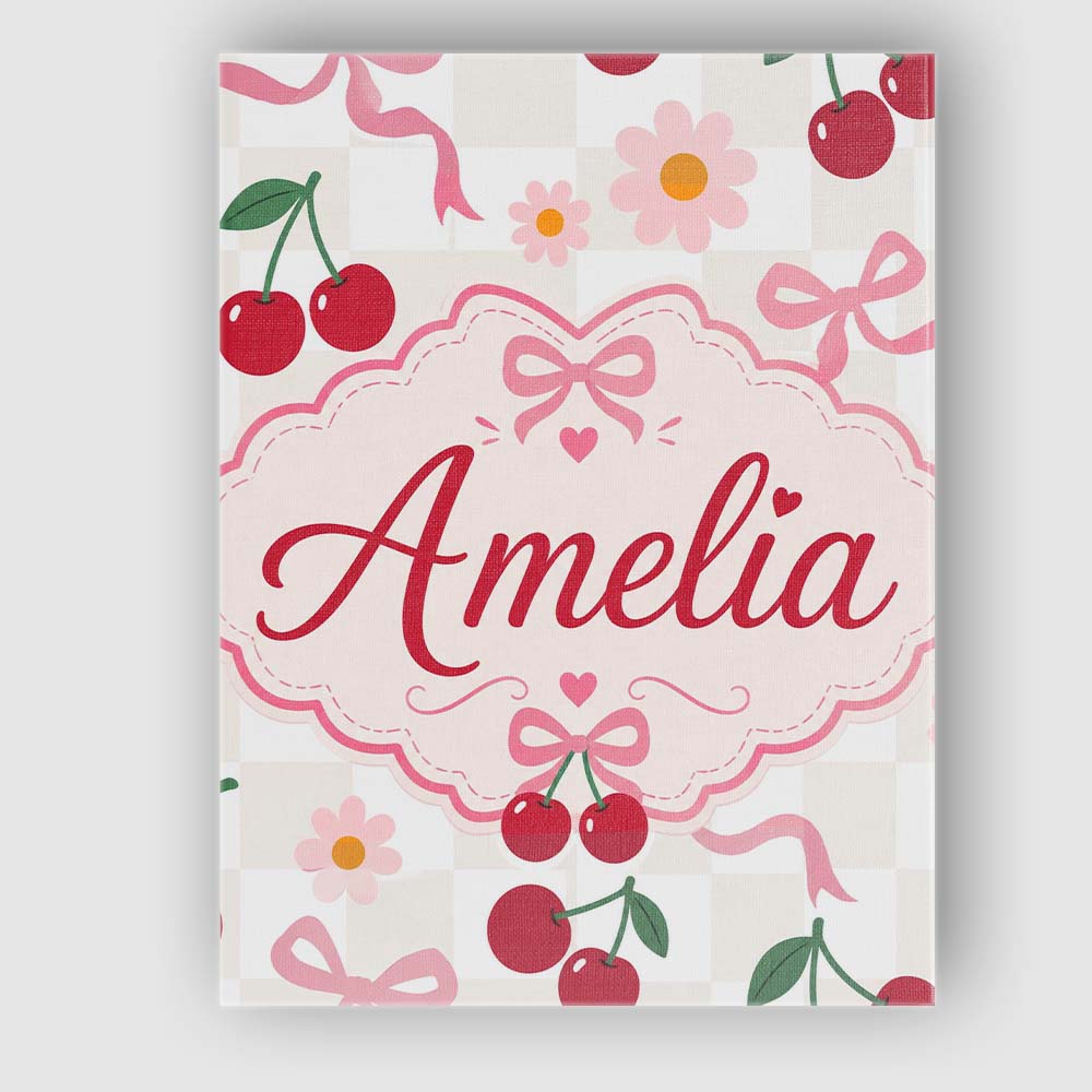 Personalised Name Cute Cherry and Daisy Custom  Modern Room Accent Elegant Feature Canvas Wall Art Print Decor Picture Ready to Hang