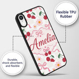 Cute Cherry and Daisy Flowers with Pink Ribbon Custom Name Protective Phone Case Mobile Cover Durable Everyday Smartphone Shock Resistant