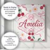 Personalised Name Cute Cherry and Daisy Custom  Modern Room Accent Elegant Feature Canvas Wall Art Print Decor Picture Ready to Hang