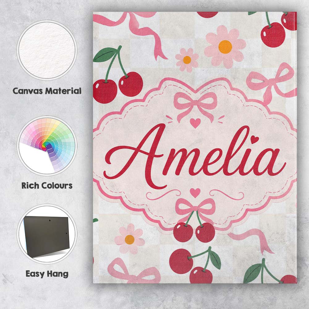 Personalised Name Cute Cherry and Daisy Custom  Modern Room Accent Elegant Feature Canvas Wall Art Print Decor Picture Ready to Hang