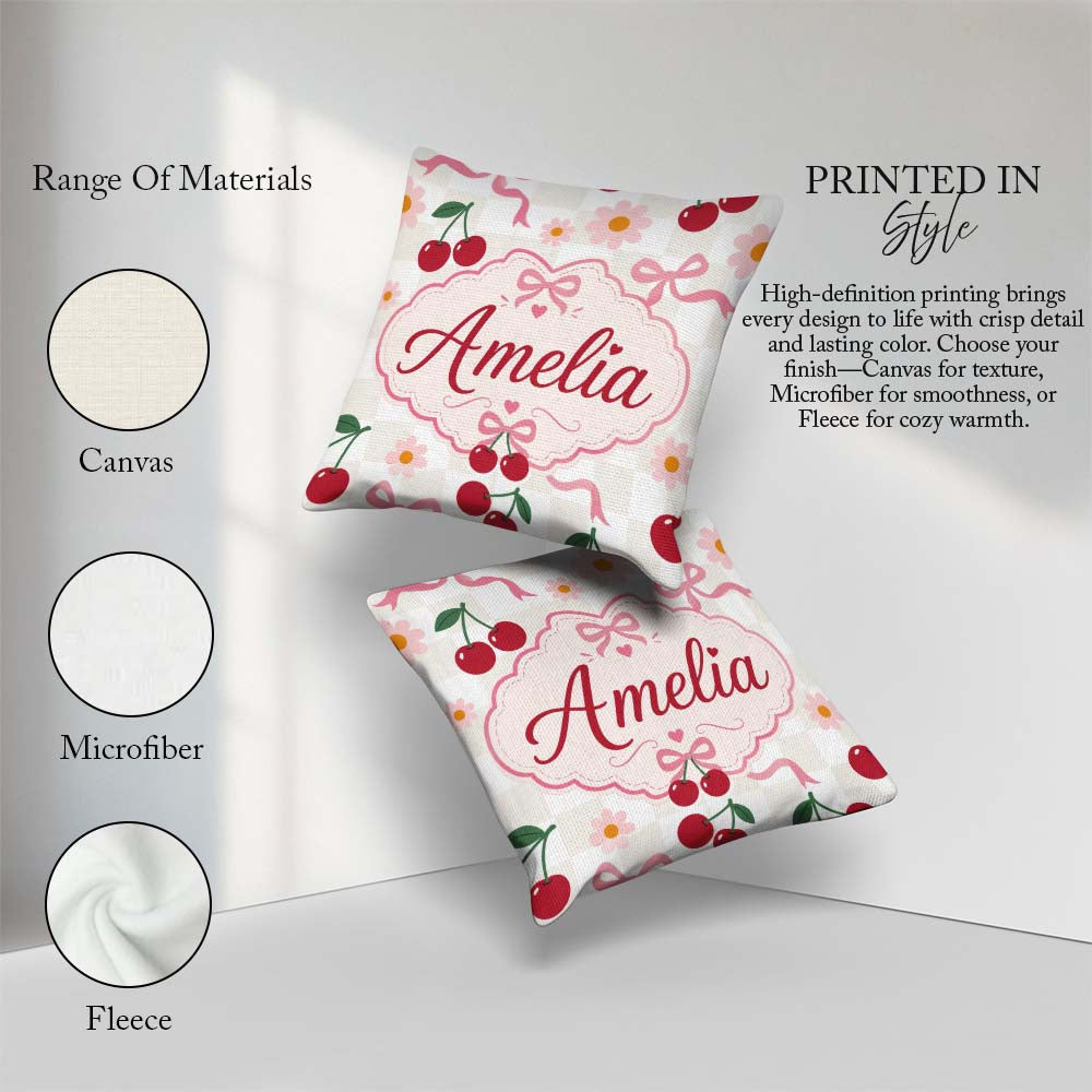 Custom Name Cherry and Daisy Flowers with Pink Ribbon Bows Check Square Filled Cushion Throw Pillow Sofa Bed Home Decor Zip Washable UK Made