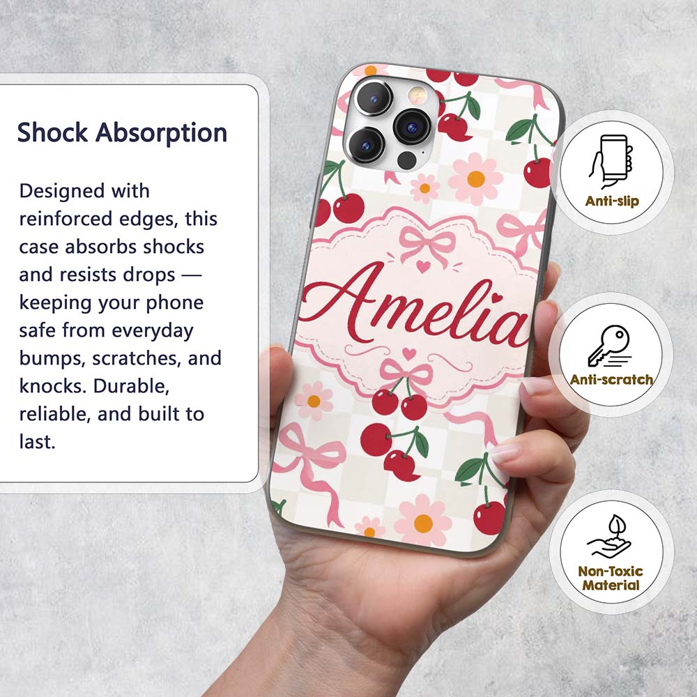 Cute Cherry and Daisy Flowers with Pink Ribbon Custom Name Protective Phone Case Mobile Cover Durable Everyday Smartphone Shock Resistant