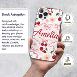 Cute Cherry and Daisy Flowers with Pink Ribbon Custom Name Protective Phone Case Mobile Cover Durable Everyday Smartphone Shock Resistant