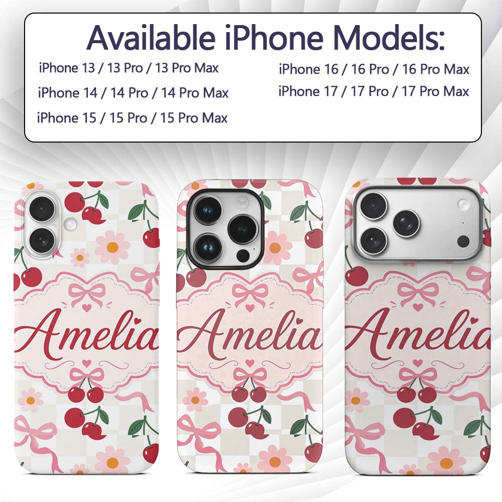 Cute Cherry and Daisy Flowers with Pink Ribbon Custom Name Protective Phone Case Mobile Cover Durable Everyday Smartphone Shock Resistant